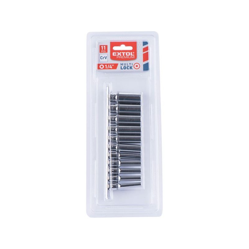 EXTOL PREMIUM HLAVICE NÁSTRČNÉ PRODLOUŽENÉ, MULTI-LOCK, SADA 11KS, 1/4", CRV, 8818110 - GOLA SADY - RUČNÍ NÁŘADÍ