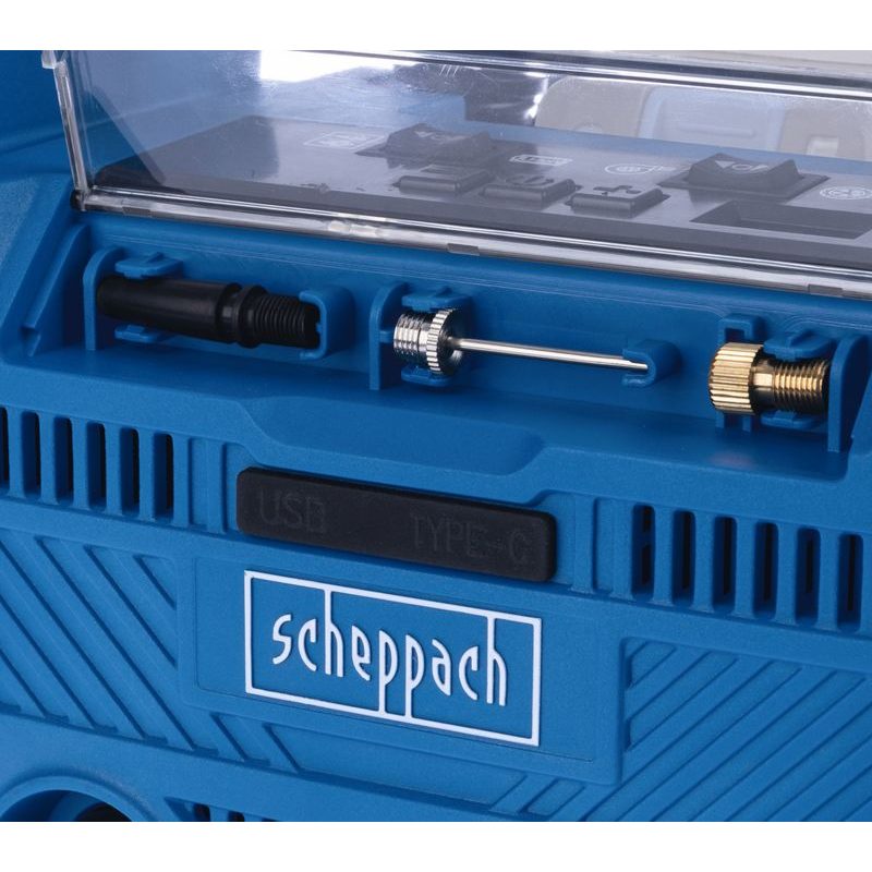 SCHEPPACH AIR FORCE 6-SET S HYBRIDNÍ KOMPRESOR (20 V IXES AKU, 12 V, 230 V) + 2AH BATERIE + NABÍJEČKA 2,4 A - AKU KOMPRESORY - AKU NÁŘADÍ