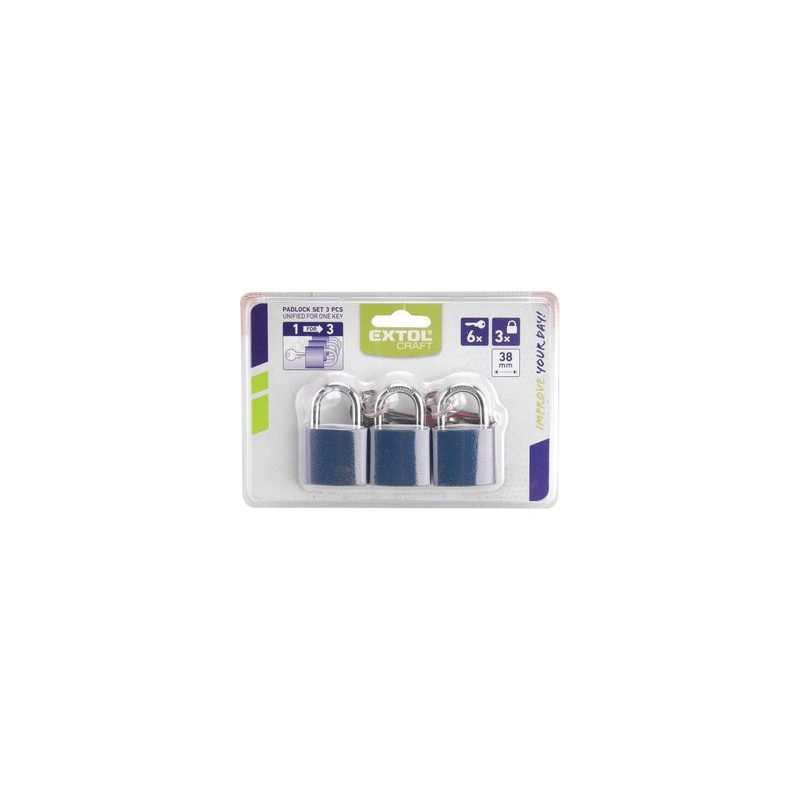 EXTOL CRAFT ZÁMKY VISACÍ SJEDNOCENÉ NA 1 KLÍČ, SADA 3 KS 38MM, 93101 - ZÁMKY VISACÍ - DÍLNA A GARÁŽ
