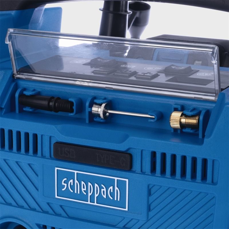 SCHEPPACH AIR FORCE 6-SET S HYBRIDNÍ KOMPRESOR (20 V IXES AKU, 12 V, 230 V) + 2AH BATERIE + NABÍJEČKA 2,4 A - AKU KOMPRESORY - AKU NÁŘADÍ