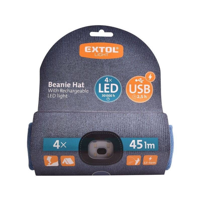 EXTOL LIGHT ČEPICE S ČELOVKOU 4X45LM, USB NABÍJENÍ, MODRÁ, UNIVERZÁLNÍ VELIKOST, 73% ACRYL A 27% POLYESTER, 43191 - ČEPICE, KŠILTOVKY, PONOŽKY A JINÉ - PŘÍSLUŠENSTVÍ
