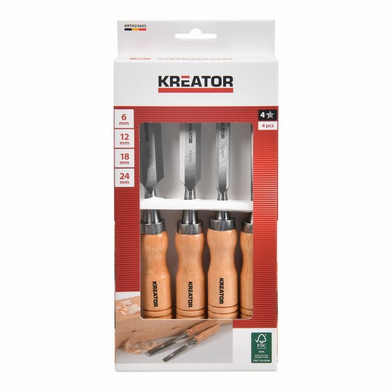 KREATOR KRTH23603 DLÁTA NA DŘEVO SADA 6, 12, 18, 24MM 4KS DŘEVĚNÁ RUKOJEŤ - DLÁTA - RUČNÍ NÁŘADÍ