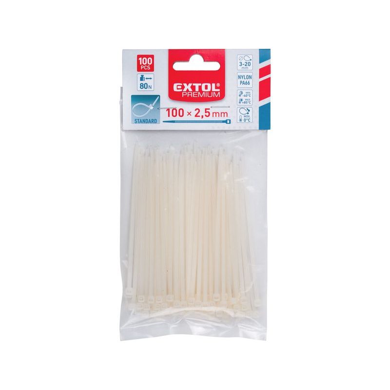 EXTOL PREMIUM PÁSKY STAHOVACÍ NA KABELY BÍLÉ, 100X2,5MM, 100KS, NYLON PA66, 8856102 - STAHOVACÍ PÁSKY, ZDRHY - DÍLNA A GARÁŽ