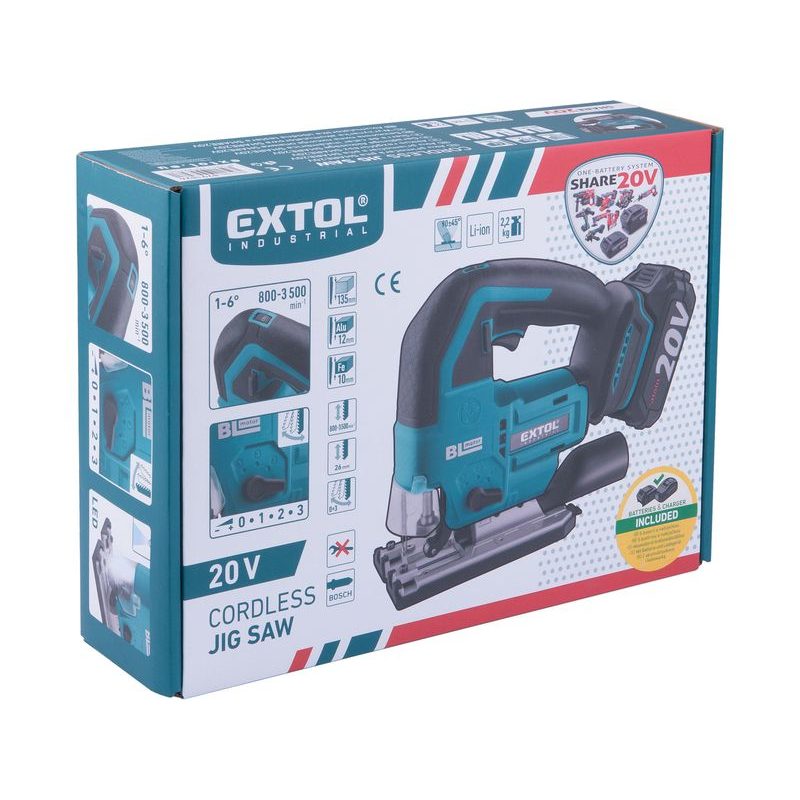 EXTOL INDUSTRIAL PILA PŘÍMOČARÁ AKU SHARE20V, BRUSHLESS, 2AH, 8791824 - AKU PŘÍMOČARÉ PILY - AKU NÁŘADÍ