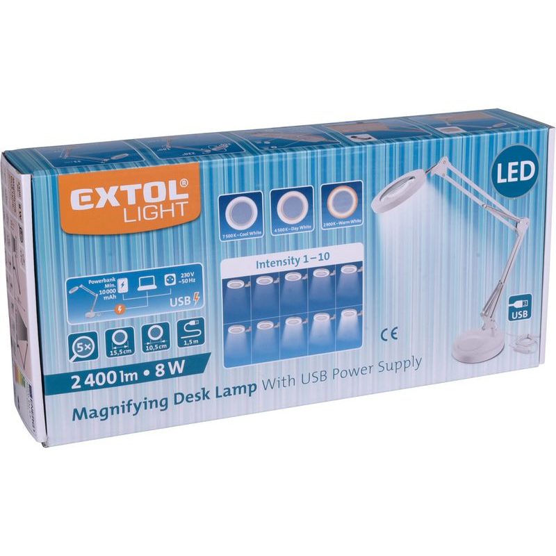 EXTOL LIGHT LAMPA STOLNÍ S LUPOU, USB NAPÁJENÍ, BÍLÁ, 2400LM, 3 BARVY SVĚTLA, 5X ZVĚTŠENÍ, 43161 - LED SVĚTLA - SVÍTIDLA