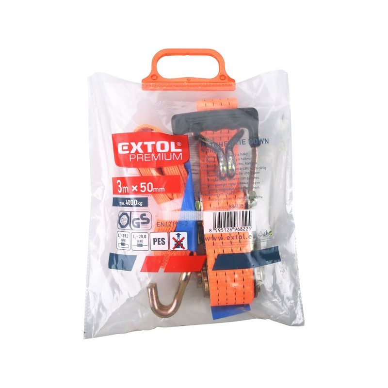 EXTOL PREMIUM PÁS UPÍNACÍ RÁČNOVÝ S HÁKY, 3M X 50MM, MAX. 4000KG, 8861151 - UPÍNACÍ PÁSY (KURTNY) A GUMY - DÍLNA A GARÁŽ