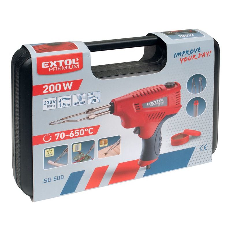 EXTOL PREMIUM PISTOLE PÁJECÍ S REGULACÍ TEPLOTY, TRANSFORMÁTOROVÁ, 200W, 8894510 - PÁJKY - ELEKTRICKÉ NÁŘADÍ