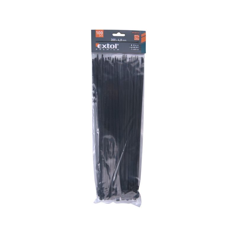 EXTOL PREMIUM PÁSKY STAHOVACÍ NA KABELY ČERNÉ, 300X4,8MM, 100KS, NYLON PA66, 8856162 - STAHOVACÍ PÁSKY, ZDRHY - DÍLNA A GARÁŽ