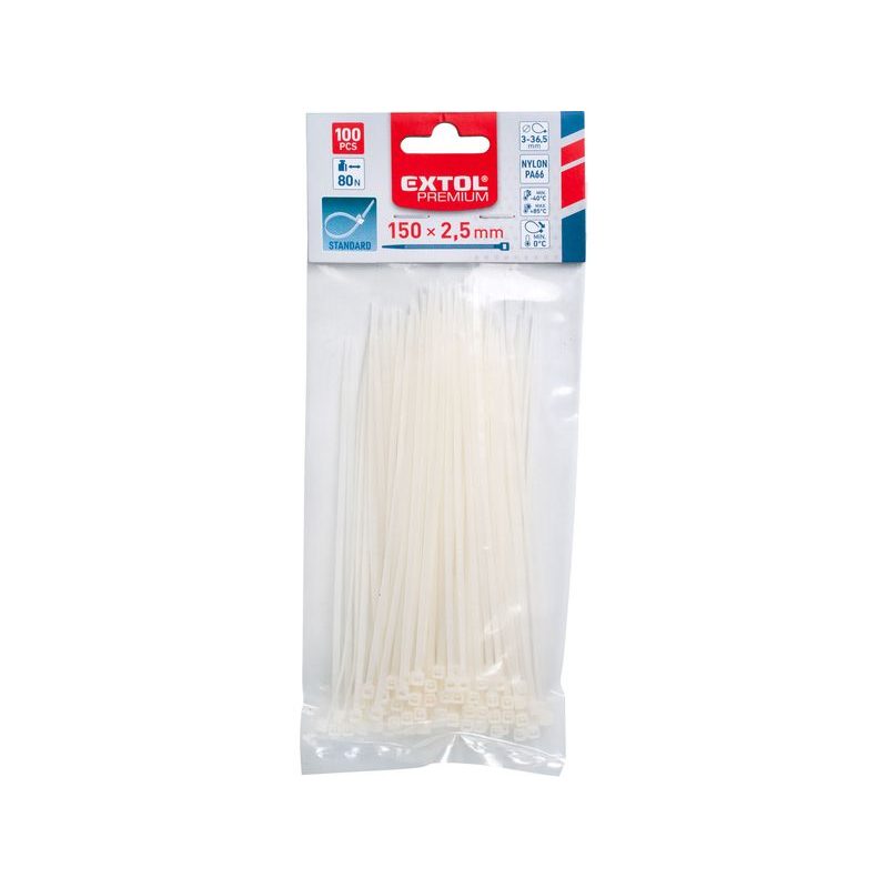EXTOL PREMIUM PÁSKY STAHOVACÍ NA KABELY BÍLÉ, 150X2,5MM, 100KS, NYLON PA66, 8856104 - STAHOVACÍ PÁSKY, ZDRHY - DÍLNA A GARÁŽ