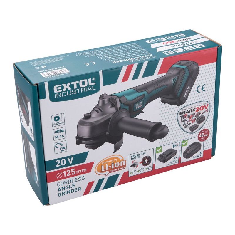 EXTOL INDUSTRIAL BLM-204C BRUSKA ÚHLOVÁ AKU SHARE20V, 125MM, BRUSHLESS, 20V LI-ION, 2AH, 8791840 - AKU UHLOVÉ BRUSKY - AKU NÁŘADÍ