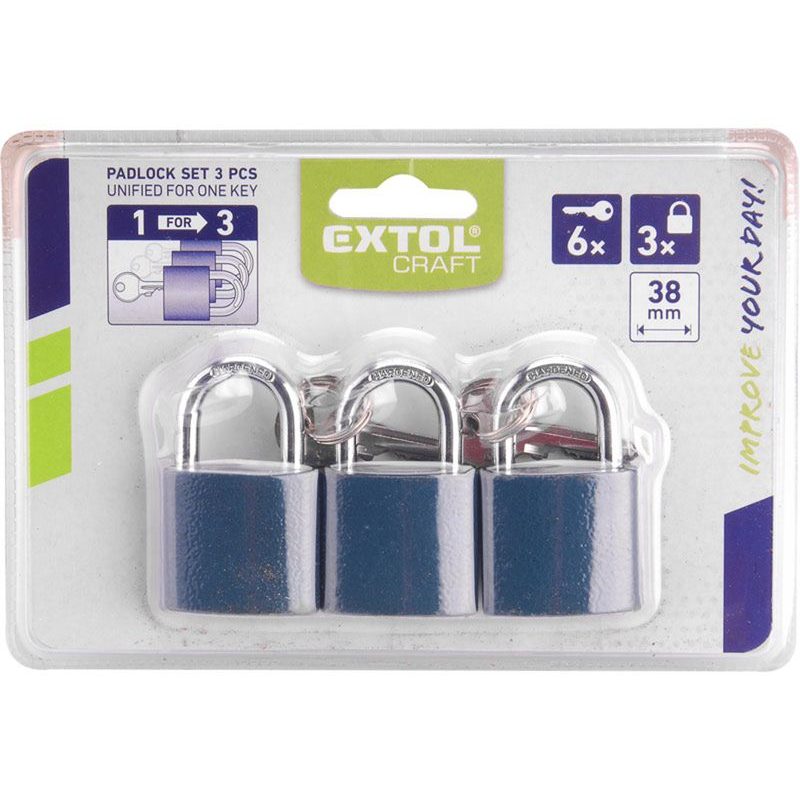 EXTOL CRAFT ZÁMKY VISACÍ SJEDNOCENÉ NA 1 KLÍČ, SADA 3 KS 38MM, 93101 - ZÁMKY VISACÍ - DÍLNA A GARÁŽ