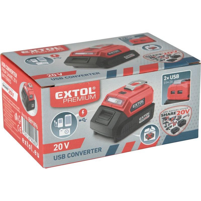 EXTOL PREMIUM NABÍJEČKA AKU PRO USB ZAŘÍZENÍ, SE SVĚTLEM, SHARE20V, BEZ BATERIE, 5V/2A, 8891896 - EXTOL SHARE20V - AKU NÁŘADÍ - AKU NÁŘADÍ
