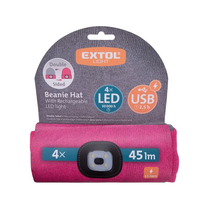 EXTOL LIGHT ČEPICE S ČELOVKOU 4X45LM, USB NABÍJENÍ, SVĚTLE ŠEDÁ/RŮŽOVÁ, OBOUSTRANNÁ, UNIVERZÁLNÍ VELIKOST, 73% ACRYL A 27% POLYESTER, 43197 - ČEPICE, KŠILTOVKY, PONOŽKY A JINÉ - PŘÍSLUŠENSTVÍ