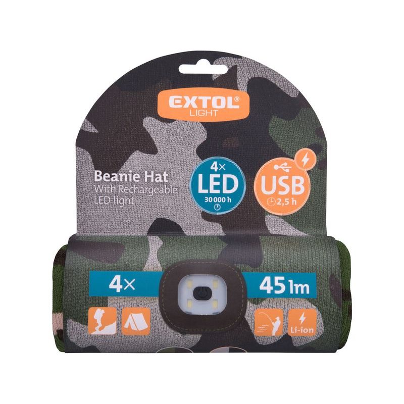 EXTOL LIGHT ČEPICE S ČELOVKOU 4X45LM, USB NABÍJENÍ, MASKOVACÍ, UNIVERZÁLNÍ VELIKOST, 100% ACRYL, 43464 - ČEPICE, KŠILTOVKY, PONOŽKY A JINÉ - PŘÍSLUŠENSTVÍ