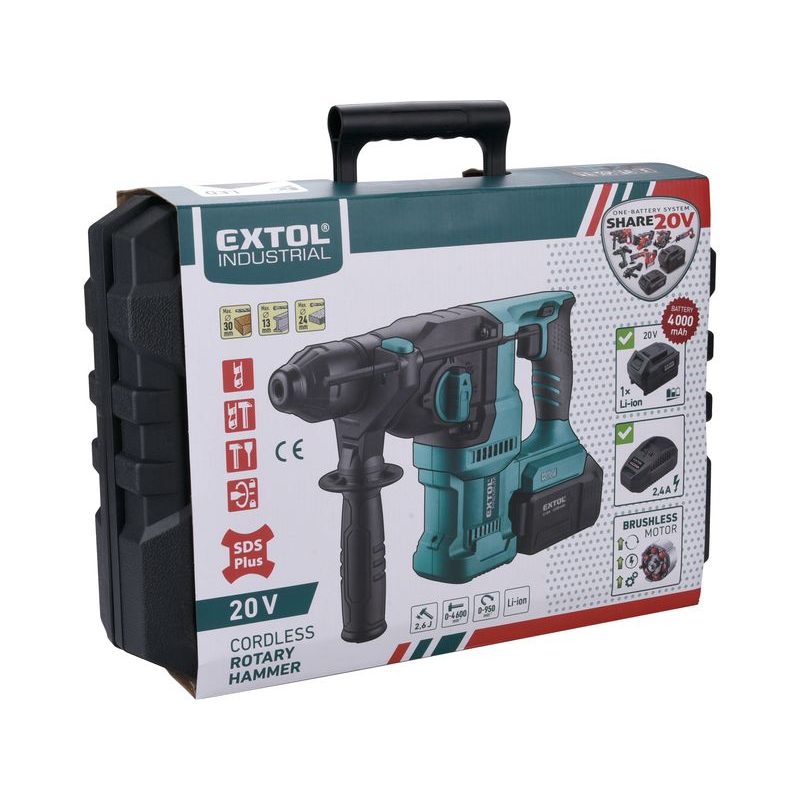 EXTOL INDUSTRIAL KLADIVO VRTACÍ AKU SHARE20V, 2,6J, SDS PLUS, BRUSHLESS, 20V LI-ION, 4AH, 8791816 - AKU VRTACÍ, SEKACÍ A KOMBINOVANÁ KLADIVA - AKU NÁŘADÍ