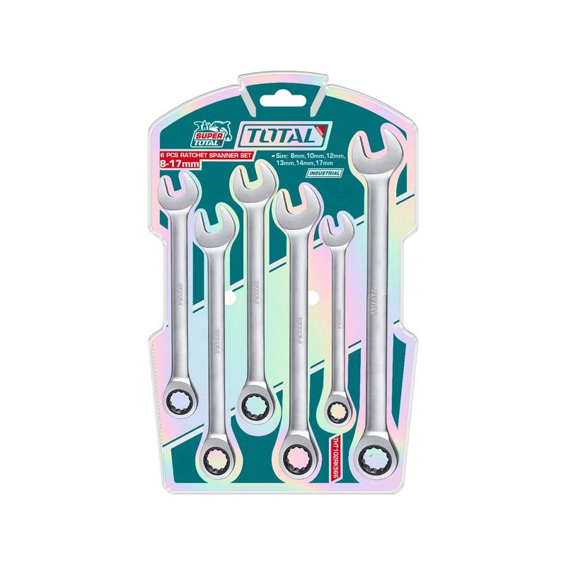 TOTAL KLÍČE RÁČNOVÉ OČKOPLOCHÉ, SADA 6KS, 8-17MM, INDUSTRIAL, CRMO, THT102RK566 - KLÍČE OČKO-RÁČNA/OTEVŘENÝ - RUČNÍ NÁŘADÍ