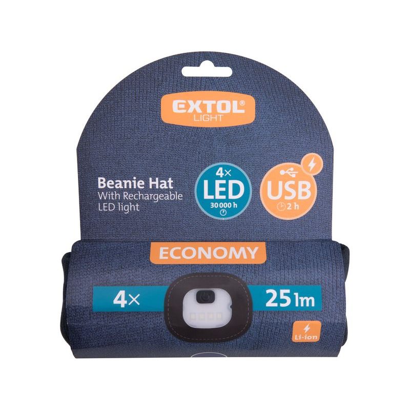 EXTOL LIGHT ČEPICE S ČELOVKOU 4X25LM, USB NABÍJENÍ, TMAVĚ MODRÁ, ECONOMY, UNIVERZÁLNÍ VELIKOST, 100% ACRYL, 43456 - ČEPICE, KŠILTOVKY, PONOŽKY A JINÉ - PŘÍSLUŠENSTVÍ