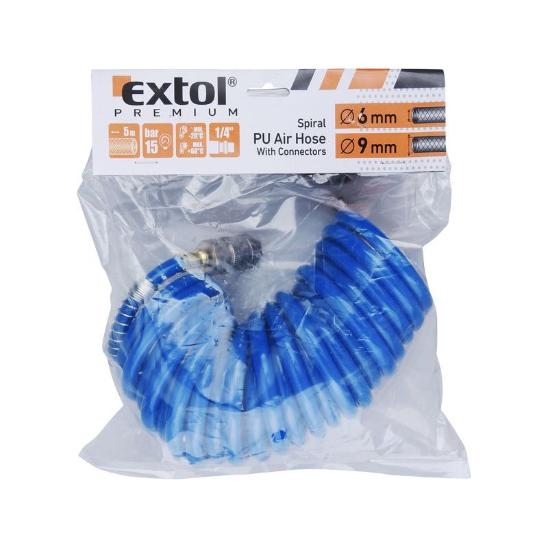 EXTOL PREMIUM HADICE VZDUCHOVÁ SPIRÁLOVÁ PU S MOSAZNÝMI RYCHLOSPOJKAMI, 1/4", VNITŘNÍ ⌀6MM, L 5M, 8865131 - TLAKOVÉ VZDUCHOVÉ HADICE - PNEU NÁŘADÍ