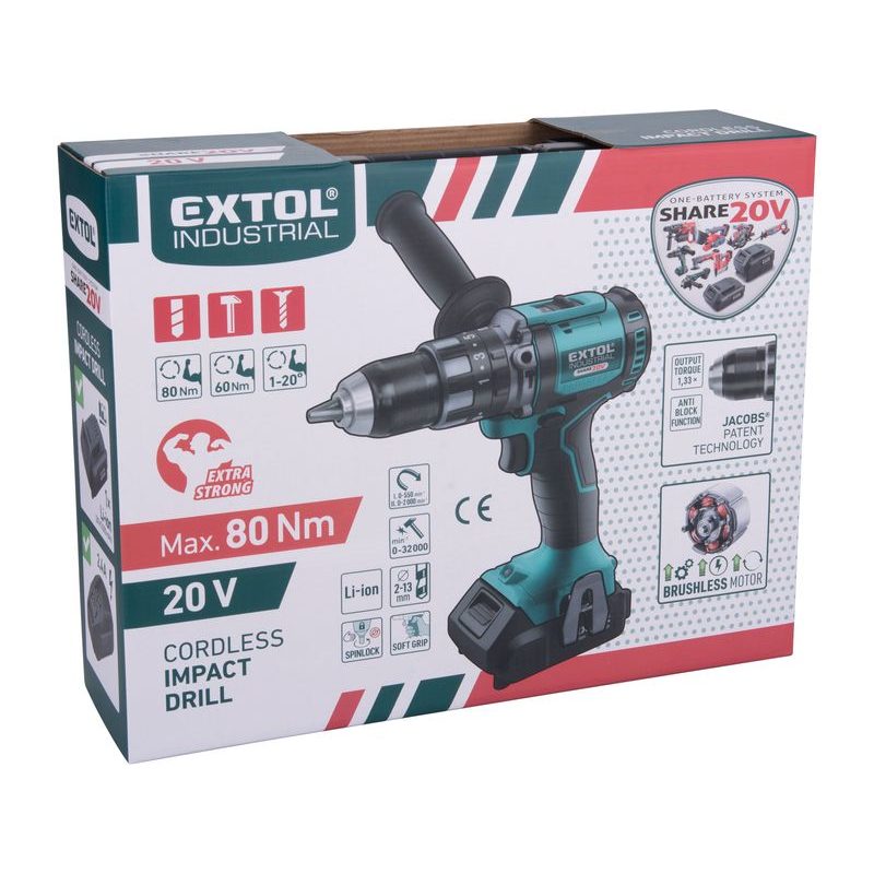 EXTOL INDUSTRIAL BLMD-221JS VRTACÍ ŠROUBOVÁK AKU S PŘÍKLEPEM SHARE20V, BRUSHLESS, 20V LI-ION, 2AH, 8791802 - PŘÍKLEPOVÝ ŠROUBOVÁK 18V - 20V - AKU NÁŘADÍ