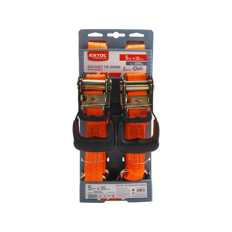 EXTOL PREMIUM PÁS UPÍNACÍ RÁČNOVÝ S HÁKY, 5M X 35MM, SADA 2KS, MAX. 2000KG, 8861146 - UPÍNACÍ PÁSY (KURTNY) A GUMY - DÍLNA A GARÁŽ