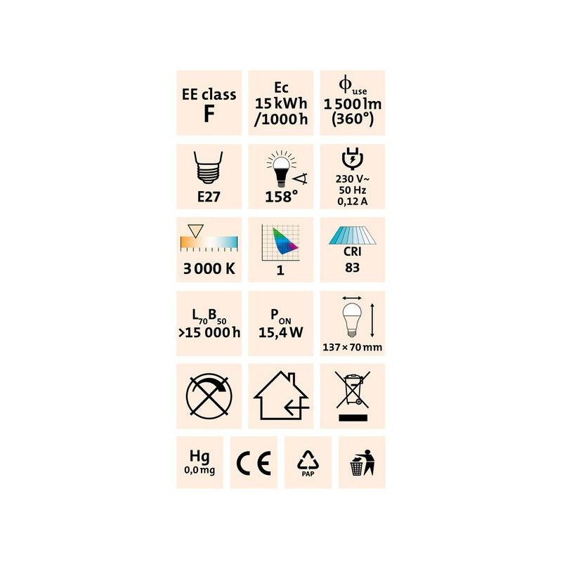 EXTOL LIGHT ŽÁROVKA LED KLASICKÁ, 1350LM, 15W, E27, TEPLÁ BÍLÁ, 43005 - NÁHRADNÍ ŽÁROVKY A ZÁŘIVKY - SVÍTIDLA