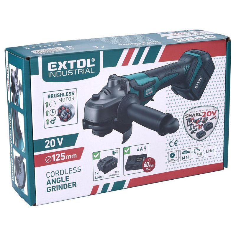 EXTOL INDUSTRIAL BRUSKA ÚHLOVÁ AKU SHARE20V, 125MM, BRUSHLESS, 20V LI-ION, 4AH, 8791842 - AKU UHLOVÉ BRUSKY - AKU NÁŘADÍ