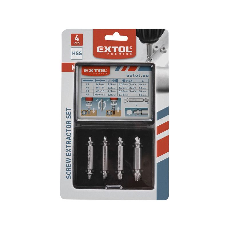 EXTOL PREMIUM VYTAHOVÁK ZALOMENÝCH ŠROUBŮ SADA 4KS, M5-14, HSS, 8801842 - ZÁVITNÍKY - RUČNÍ NÁŘADÍ