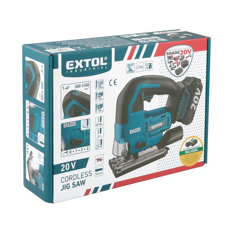EXTOL INDUSTRIAL PILA PŘÍMOČARÁ AKU SHARE20V, BRUSHLESS, 2AH, 8791824 - AKU PŘÍMOČARÉ PILY - AKU NÁŘADÍ