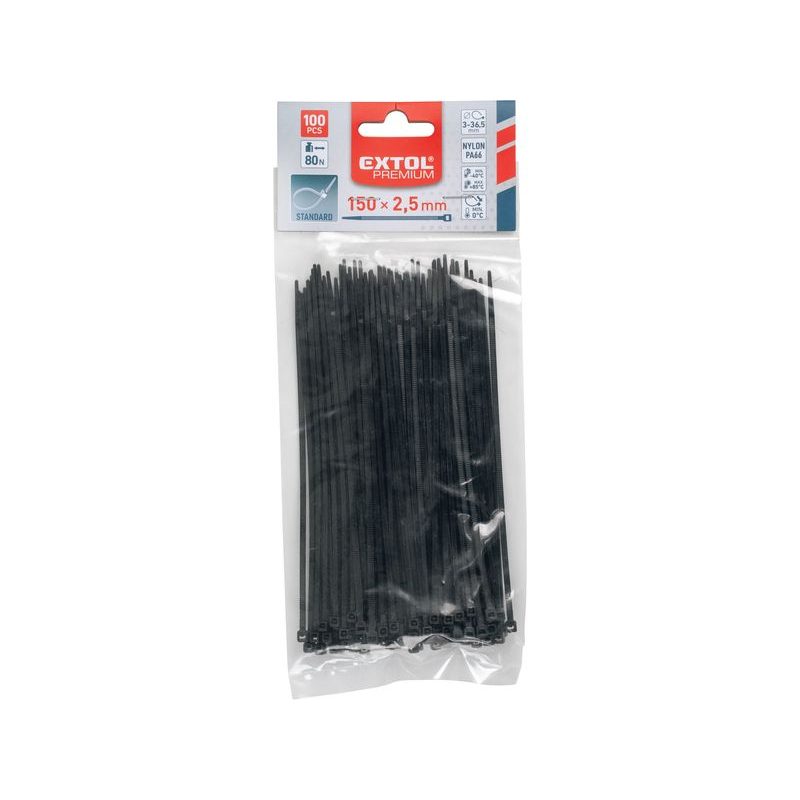 EXTOL PREMIUM PÁSKY STAHOVACÍ NA KABELY ČERNÉ, 150X2,5MM, 100KS, NYLON PA66, 8856154 - STAHOVACÍ PÁSKY, ZDRHY - DÍLNA A GARÁŽ