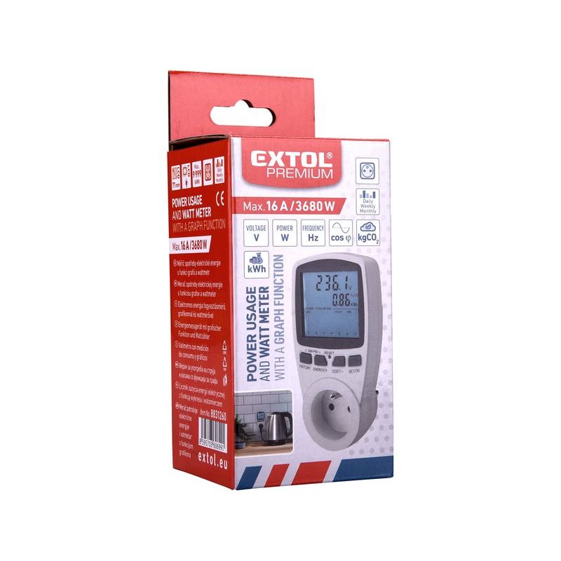 EXTOL PREMIUM MĚŘIČ SPOTŘEBY EL. ENERGIE - WATTMETR, KW, KWH, V, A, HZ, 8831260 - ELEKTRO - DŮM A DOMÁCNOST, ELEKTRO..