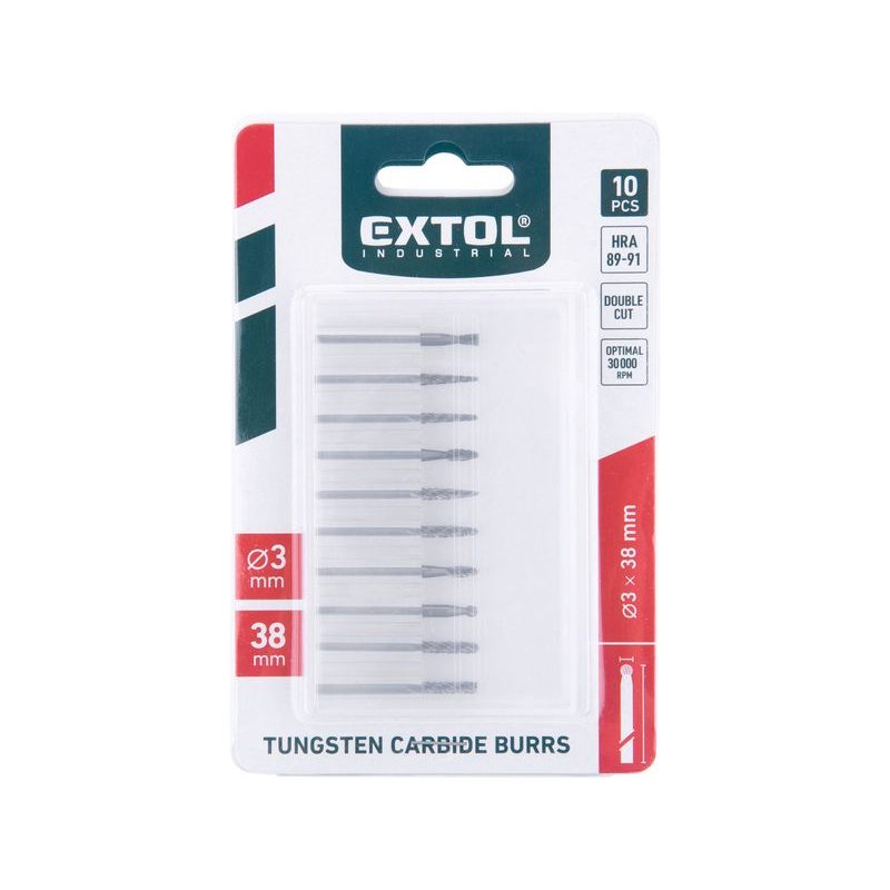 EXTOL INDUSTRIAL FRÉZY MINI, KARBIDOVÉ, SADA 10KS, ⌀3MM, SEK STŘEDNÍ (DOUBLE-CUT), 8703800 - STOPKOVÉ FRÉZKY - PŘÍSLUŠENSTVÍ