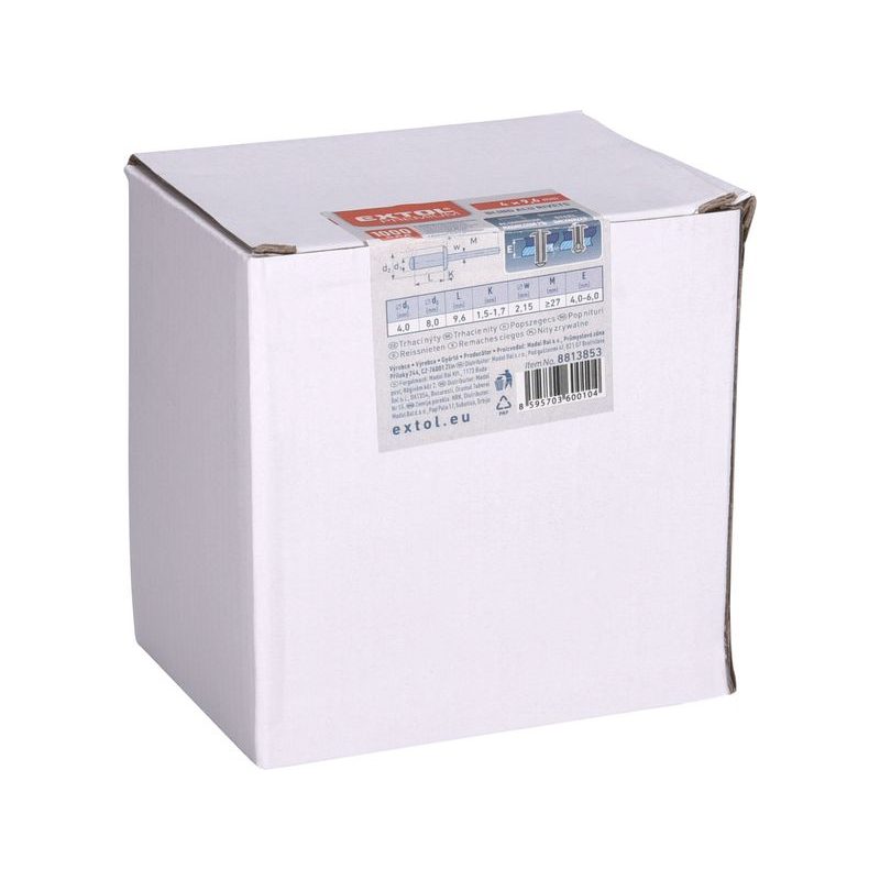 EXTOL PREMIUM NÝTY TRHACÍ HLINÍKOVÉ SADA 1000KS, O 4,0X9,6MM PLOCHÁ HLAVA, 8813853 - PRO NÝTOVAČKY - PŘÍSLUŠENSTVÍ