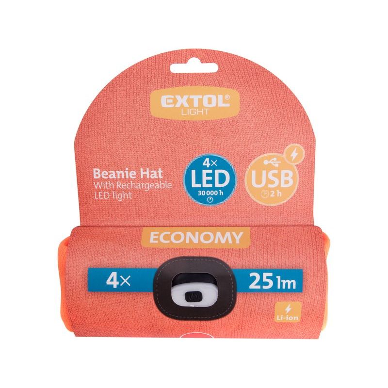 EXTOL LIGHT ČEPICE S ČELOVKOU 4X25LM, USB NABÍJENÍ, FLUORESCENTNÍ ORANŽOVÁ, ECONOMY, UNIVERZÁLNÍ VELIKOST, 100% ACRYL, 43455 - ČEPICE, KŠILTOVKY, PONOŽKY A JINÉ - PŘÍSLUŠENSTVÍ