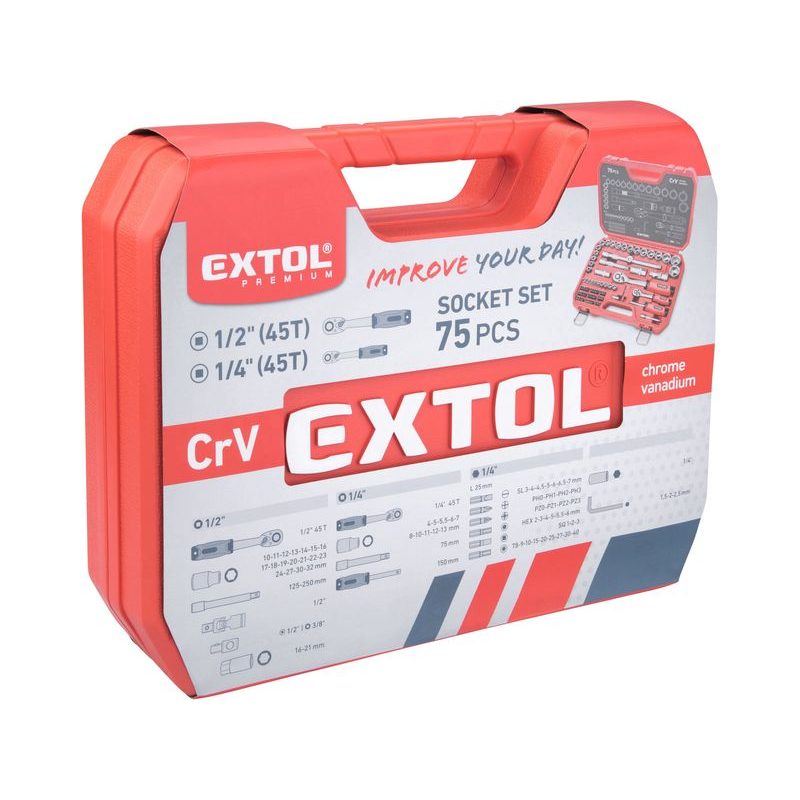 EXTOL PREMIUM HLAVICE NÁSTRČNÉ, SADA 75KS, 1/4", 1/2", 8818321 - GOLA SADY - RUČNÍ NÁŘADÍ