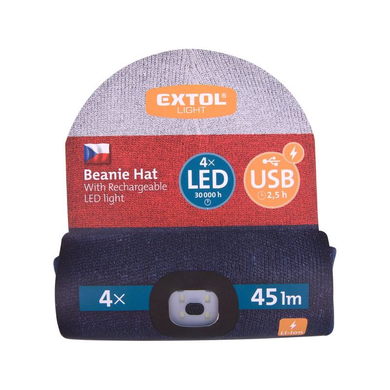 EXTOL LIGHT ČEPICE S ČELOVKOU 4X45LM, USB NABÍJENÍ, BÍLO-ČERVENO-MODRÁ, UNIVERZÁLNÍ VELIKOST, 73% ACRYL A 27% POLYESTER, 43450 - ČEPICE, KŠILTOVKY, PONOŽKY A JINÉ - PŘÍSLUŠENSTVÍ