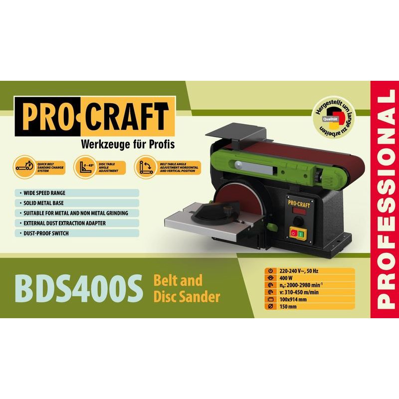 KOMBINOVANÁ PÁSOVÁ A KOTOUČOVÁ BRUSKA PROCRAFT BDS400S | BDS400S PROCRAFT - BRUSKY - ELEKTRICKÉ NÁŘADÍ