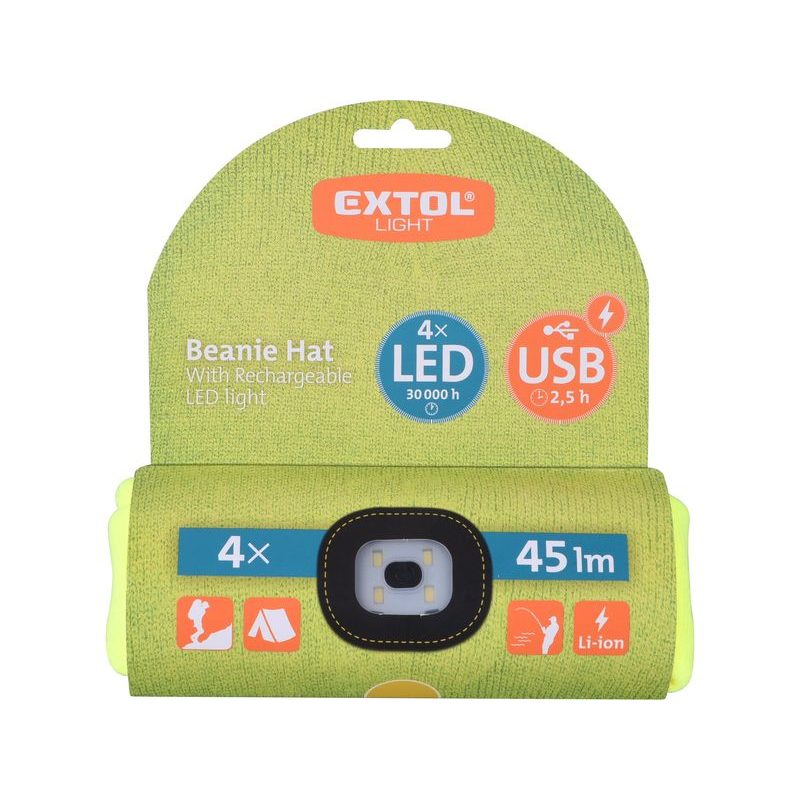 EXTOL LIGHT ČEPICE S ČELOVKOU 4X45LM, USB NABÍJENÍ, FLUORESCENTNÍ ŽLUTÁ, UNIVERZÁLNÍ VELIKOST, 73% ACRYL A 27% POLYESTER, 43194 - ČEPICE, KŠILTOVKY, PONOŽKY A JINÉ - PŘÍSLUŠENSTVÍ