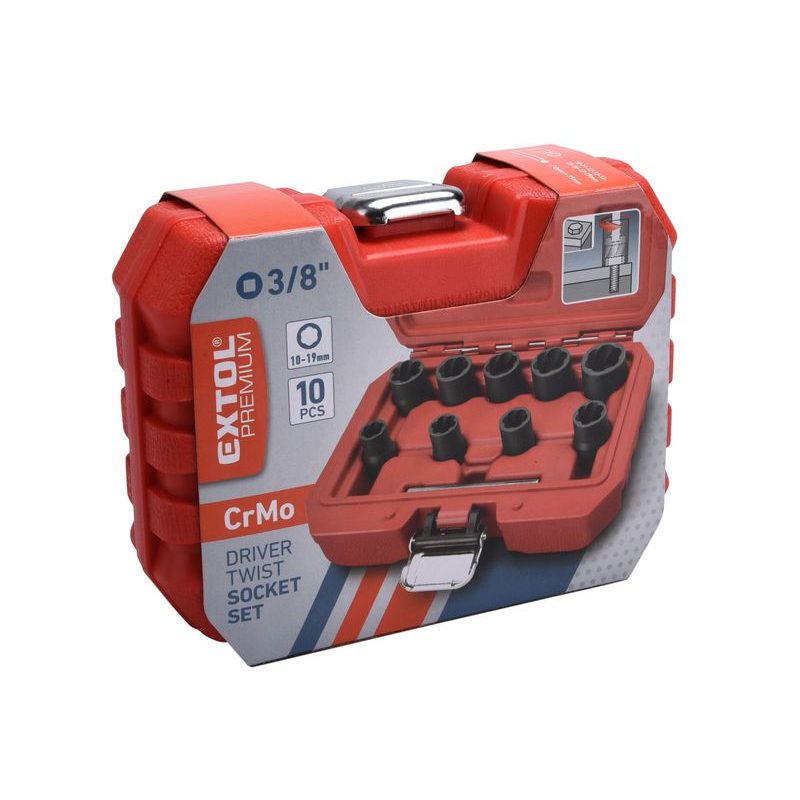 EXTOL PREMIUM HLAVICE NA UVOLŇOVÁNÍ ŠROUBŮ A MATIC, SADA 10KS, 3/8", 10-19MM, CRMO, 8818141 - VYTAHOVAČE ŠROUBŮ - DÍLNA A GARÁŽ