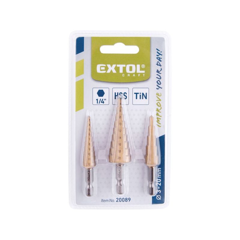 EXTOL CRAFT VRTÁKY STUPŇOVITÉ, SADA 3KS, O 3-20MM, HSS, 20089 - STUPŇOVITÉ VRTÁKY - PŘÍSLUŠENSTVÍ