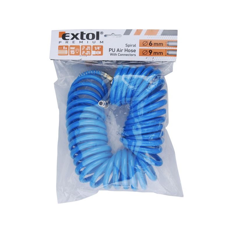 EXTOL PREMIUM HADICE VZDUCHOVÁ SPIRÁLOVÁ PU S MOSAZNÝMI RYCHLOSPOJKAMI, 1/4", VNITŘNÍ ⌀6MM, L 8M, 8865132 - TLAKOVÉ VZDUCHOVÉ HADICE - PNEU NÁŘADÍ