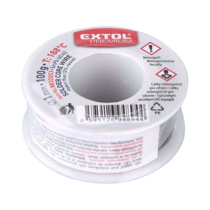 EXTOL PREMIUM DRÁT PÁJECÍ TRUBIČKOVÝ SN60/PB40, O 1MM, 100G, 8832003 - CÍN, PÁJECÍ HROTY, TAVNÉ TYČINKY - PŘÍSLUŠENSTVÍ