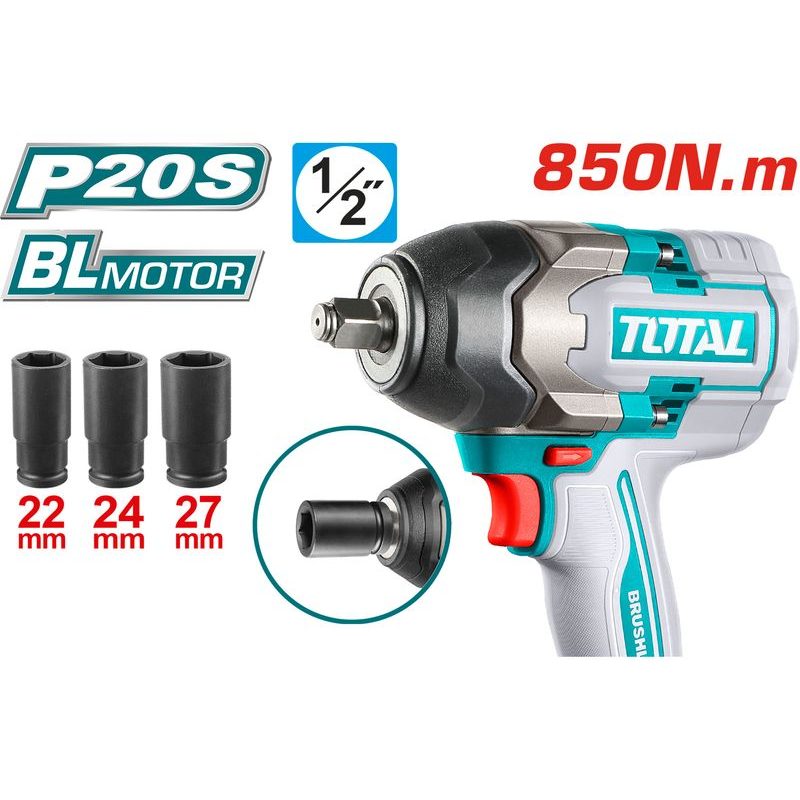 TOTAL UTAHOVÁK RÁZOVÝ AKU 1/2", BRUSHLESS, 850NM, 20 V LI-ION, BEZ BATERIE A NABÍJEČKY, INDUSTRIAL, TIWLI20851 - UTAHOVÁK BEZ AKU 18V - AKU NÁŘADÍ