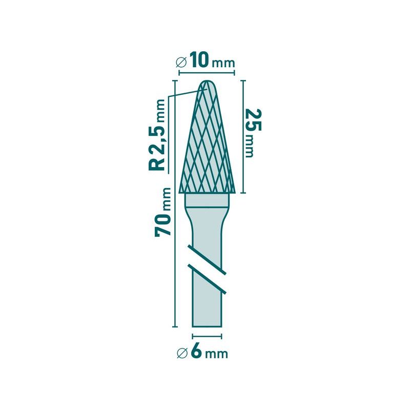 EXTOL INDUSTRIAL FRÉZA KARBIDOVÁ, KONICKÁ 14° ZAKULACENÁ, PR.10X25MM/STOPKA 6MM,SEK STŘEDNÍ (DOUBLE-CUT), 8703784 - STOPKOVÉ FRÉZKY - PŘÍSLUŠENSTVÍ