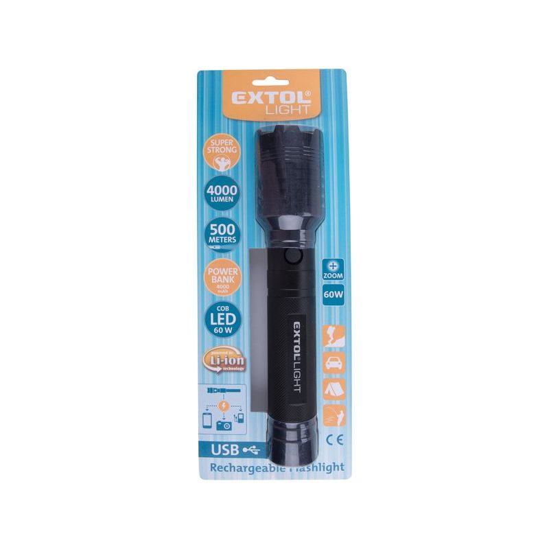 EXTOL LIGHT SVÍTILNA 4000LM COB, ZOOM, USB NABÍJENÍ S POWERBANKOU, 60W COB LED, 43136 - KAPESNÍ SVÍTILNY A ČELOVKY - SVÍTIDLA