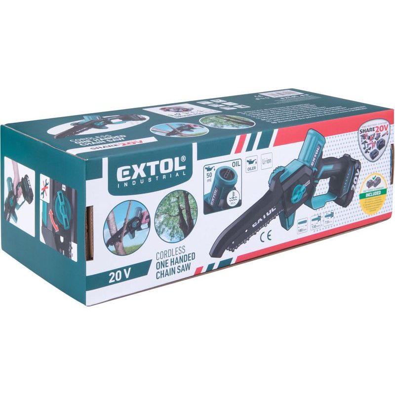 EXTOL INDUSTRIAL PILA ŘETĚZOVÁ AKU JEDNORUČNÍ SHARE20V, 13CM, BRUSHLESS, 2AH, 8791922 - PROŘEZÁVACÍ PILY - ZAHRADA