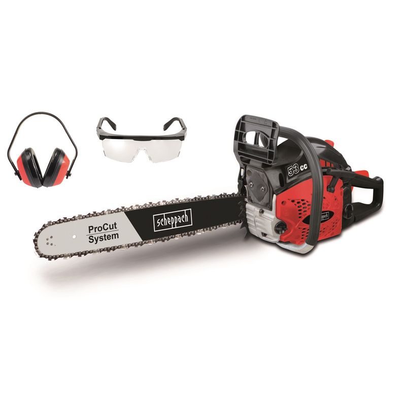 SCHEPPACH BKS 5300 S ŘETĚZOVÁ PILA S BENZINOVÝM MOTOREM 53 CCM + SLUCHÁTKA + OCHRANNÉ BRÝLE - MOTOROVÉ (BENZÍNOVÉ) ŘETĚZOVÉ PILY - ZAHRADA