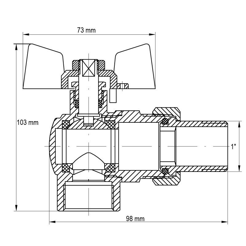 KULOVÝ KOHOUT SE ŠROUBENÍM, ROHOVÝ, MOTÝL, ČERVENÝ, KR.228 1"FM | KR.228 1"FM PROCRAFT - PŘÍSLUŠENSTVÍ (KOHOUTY, ŠROUBENÍ,...) - SANITA