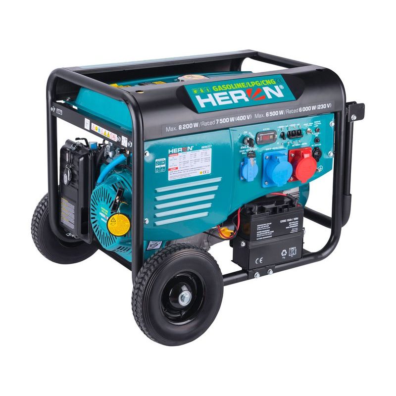 HERON ELEKTROCENTRÁLA BENZÍNOVÁ A PLYNOVÁ (LPG/NG) 17HP/8,2KW/10,2KVA (400V), 6,5KW (230V), ELEKTRICKÝ START, DÁLKOVÉ OVLÁDÁNÍ, PODVOZEK, 8896327 - PLYNOVÉ ELEKTROCENTRÁLY - ELEKTROCENTRÁLY