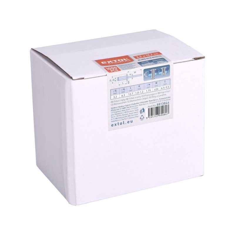 EXTOL PREMIUM NÝTY TRHACÍ HLINÍKOVÉ SADA 1000KS, O 3,2X12,7MM PLOCHÁ HLAVA, 8813844 - PRO NÝTOVAČKY - PŘÍSLUŠENSTVÍ