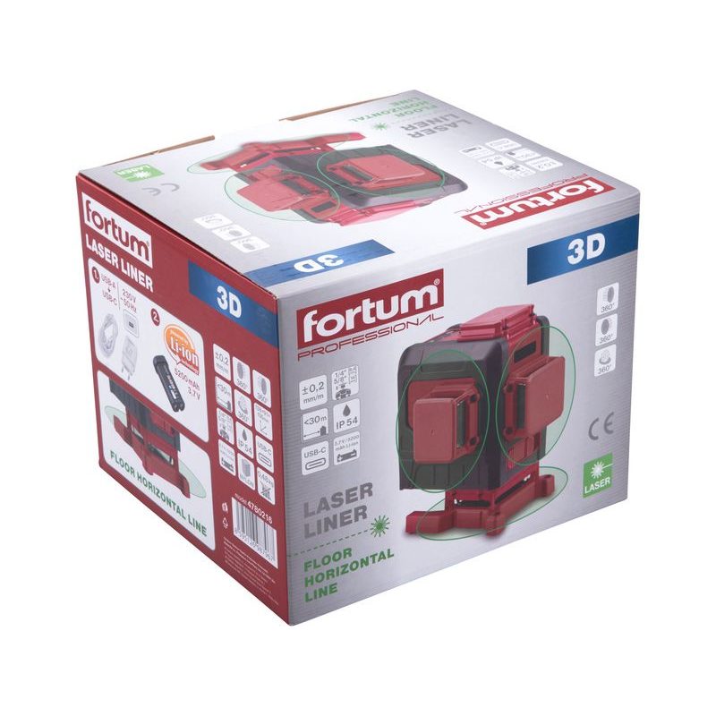 FORTUM LASER ZELENÝ 3D LINIOVÝ, KŘÍŽOVÝ SAMONIVELAČNÍ, 4780216 - LINIOVÉ LASERY - MĚŘÍCÍ TECHNIKA